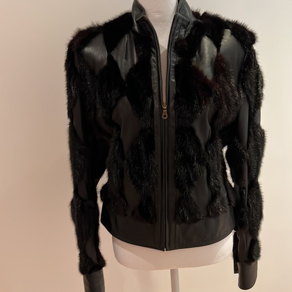 Black Leather Jacket with Black Patchwork Fur Mink Trim Size S Pristine Cond… - Picture 2 of 11